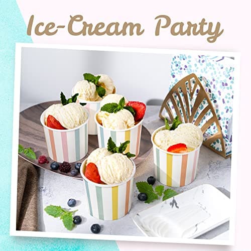 Paper Ice Cream Cups, 50-Count 11-Oz Disposable Dessert, Snack Bowls for Hot or Cold Food, 11-Ounce Party Supplies Treat Cups for Sundae, Frozen Yogurt, Soup, Pastel Stripes