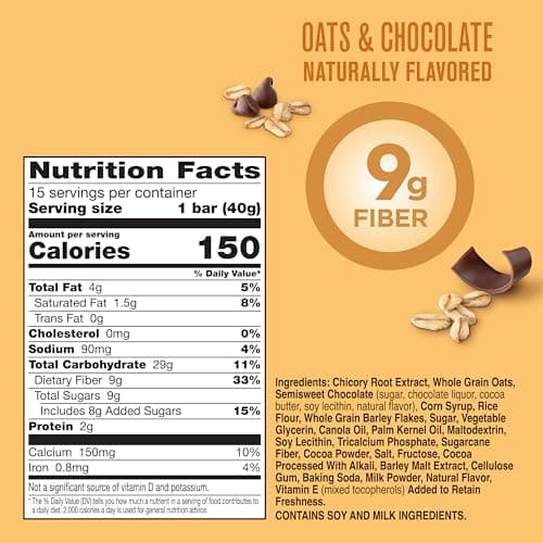 Fiber One Chewy Bars, Oats and Chocolate, Fiber Snacks, Mega Pack, 15 Ct, 21.2 oz