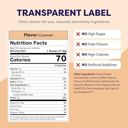 Caramel Protein Iced Coffee - Premium Whey Protein & Instant Iced Coffees - 100% Natural Cold Brew - Zero Artificial Flavors & Sweeteners, 80 mg Caffeine Per Serving, No Added Sugar, 20 Servings