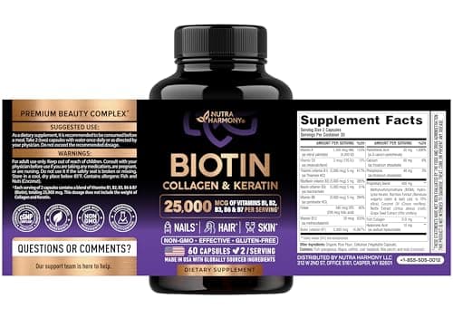 Biotin | Collagen | Hyaluronic Acid | Keratin - Support Normal Hair Growth Cycle, Skin & Nails - Clinically Tested - 25000mcg Vitamins B1, B2, B3, B6 & B7 - for Women & Men - Made in USA | 60 Capsules