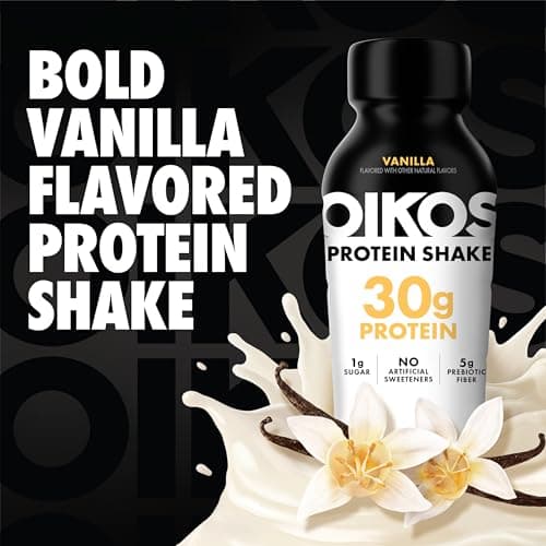Oikos Protein Shake, Vanilla, 30g High Protein Drinks, Shelf Stable, Ready to Drink, 5g Prebiotic Fiber, 12 fl oz Bottle, 12 Count​