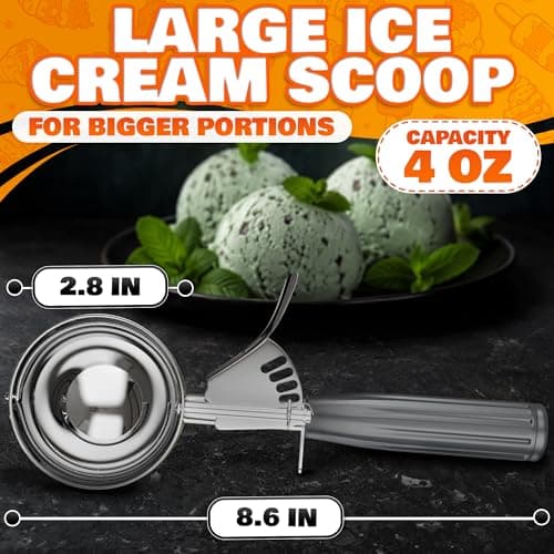 4 oz Large Ice Cream Scoop with Trigger Release #8 - Stainless Steel Cookie Scoop for Baking, Ice Cream & Cookie Dough, Comfort Grip Handle, Easy Release, Dishwasher Safe, Great as Mothers Day Gifts