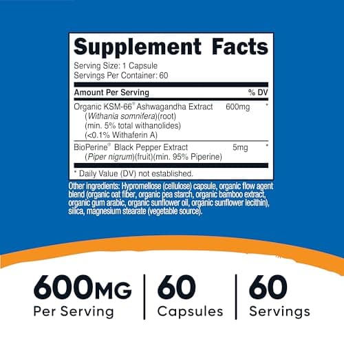 Nutricost KSM-66 Ashwagandha Root Extract 600mg, 60 Veggie Caps - 5% Withanolides - with BioPerine - Full-Spectrum Root Extract