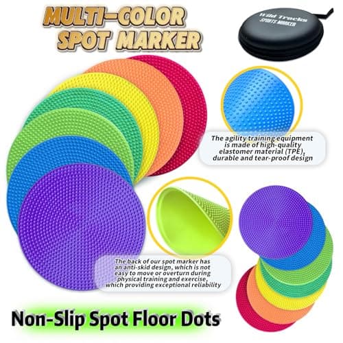 WildTracks 14 Pcs Football Spot Markers, Non-Slip Agility Flat Poly Spots, 4 inches，Floor Dots for Gym,PE Equipment,Rubber Circles Multiple Color Sports Markers(with Storage Package)