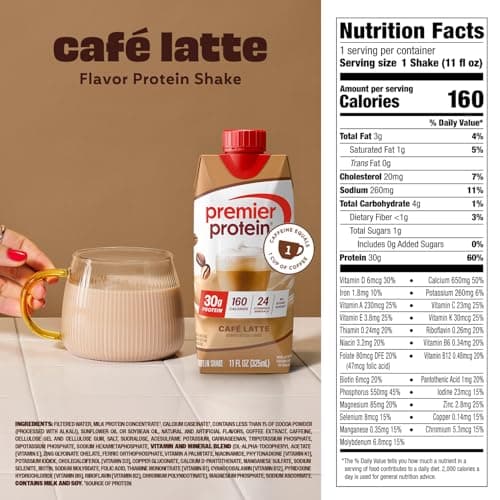 Premier Protein Shake, Café Latte with Caffeine for Energy – 30g Protein, No Added Sugar, 24 Vitamins & Minerals to Support Immune Health, 11 fl oz, 12 Pack