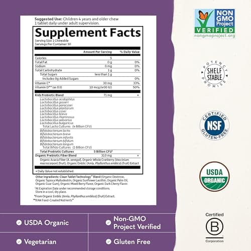 Garden of Life Dr. Formulated Probiotics Organic Kids+ plus Vitamin C & D - Berry Cherry - Gluten, Dairy & Soy Free Immune & Digestive Health Supplement, No Added Sugar, 30 Chewables (Shelf Stable)
