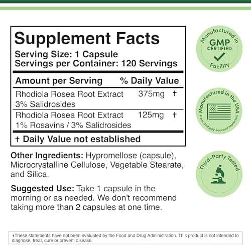 Rhodiola Rosea Supplement 500mg, 120 Vegan Capsules (Third Party Test, Gluten Free, 3% Salidrosides, 1% Rosavins Extract) for Performance, Calming, Motivation by Double Wood