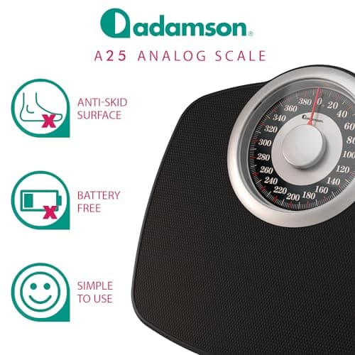 Adamson A25 Scales for Body Weight - Up to 400 LB - New - 5.3" Dial on 12.4" x 10.2" Platform - Anti-Skid Rubber Surface - High Precision Bathroom Scale Analog - Durable with 20-Year Assurance - Black