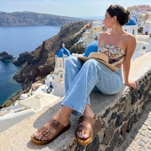 CUSHIONAIRE Pool Slides for Women Waterproof Double Buckle Adjustable Slip-On Womens Sandals for Beach Shower Casual Wear, Whiskey 8