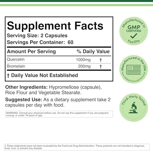 Quercetin with Bromelain - 96% Highly Purified - 120 Count (1,200mg Servings) - Supports Healthy Immune Functions in Men and Women (Vegan Safe, Third Party Tested, Gluten Free) by Double Wood