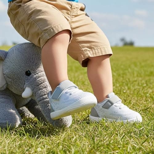 MORENDL Toddler Sneakers Baby Boys & Girls Barefoot Shoes Lightweight Breathable Walking Running Tennis Athletic Sport Shoes White Gray 12-15 Months Size 5