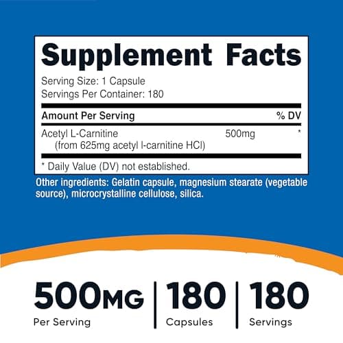 Nutricost Acetyl L-Carnitine (ALCAR) 500mg, 180 Capsules, 180 Servings - Non-GMO and Gluten Free, 1 Capsule per Serving