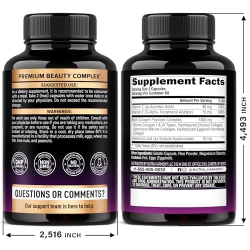 Multi Collagen Peptides - Hydrolyzed Types I, II, III, V & X - Collagen Supplement for Women 1300mg - w/ Hyaluronic Acid, Vitamins C & E - Skin, Hair, Nails & Joint Support - Made in USA, 120 Capsules