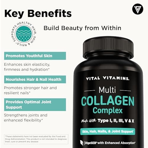 Vital Vitamins Multi Collagen for Women & Men - Type I, II, III, V, X - Grass Fed, Non-GMO - 150 Capsules