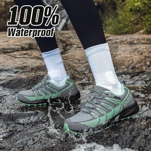 OUTJET Women's Waterproof Hiking Shoes Lightweight Non-Slip Trails Walking Shoes Outdoor Sneakers Green