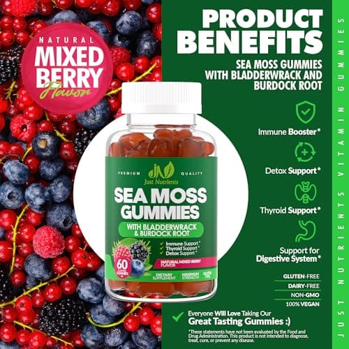 Sea Moss 3000mg Gummies with Bladderwrack and Burdock Root - Natural Irish Sea Moss Superfood for Immune, Thyroid and Detox Support - Extra Strength for Men & Women - Gluten-Free, Vegan - 60 Gummies