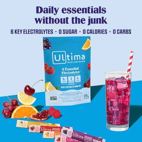 Ultima Replenisher Daily Electrolyte Powder – Original Variety Pack, 20 Stickpacks – Zero Sugar Hydration Packets with 6 Electrolytes and Minerals – Sugar Free, Plant Based & Keto Friendly​ Drink Mix