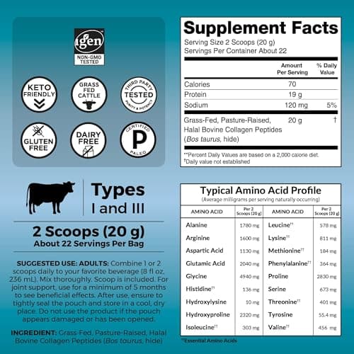 Viva Naturals Collagen Peptides Powder - Grass-Fed Hydrolyzed Bovine, Type I & III - 19 g Protein, Unflavored, Easy Dissolving - Joint, Skin, Hair & Nail Support - Paleo, Keto, Non-GMO - 1lb