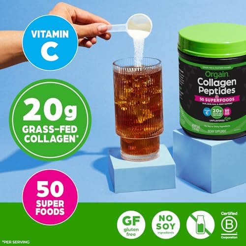 Orgain Hydrolyzed Collagen Powder + 50 Organic Superfoods For Women & Men, 20g Grass Fed Collagen with Vitamin C, Unflavored - Hair, Skin, Nail, & Joint Support Supplement, Non-GMO, Type I & III, 1lb
