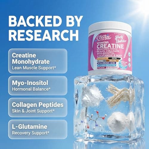 Creatine for Women | Creatine Monohydrate + BCAA Powder Myo-Inositol Collagen Biotin Hyaluronic Acid Folate L Glutamine Vitamin D3 Iron Zinc D-Chiro-Maca Digestion Shelf Builder By Clean Nutra