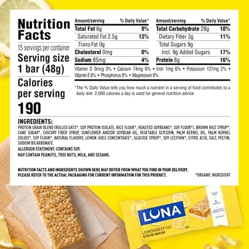 LUNA Bar - LemonZest Flavor - Gluten Free Snack Bars - Non-GMO - Protein Bars - Made with Organic Oats - Value Pack (12 Pack)