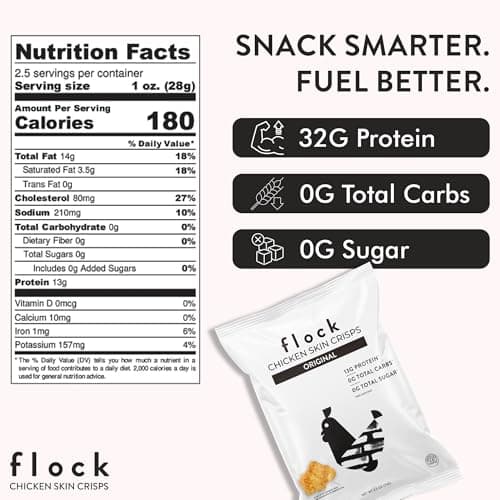 Flock Keto Chicken Skin Chips – Original Flavor, Low Carb, High Protein, Gluten-Free Chicken Crisps, Keto Snack, Low Carb Chips, Protein Crackers, Diet Snacks, 8-Pack (1oz)