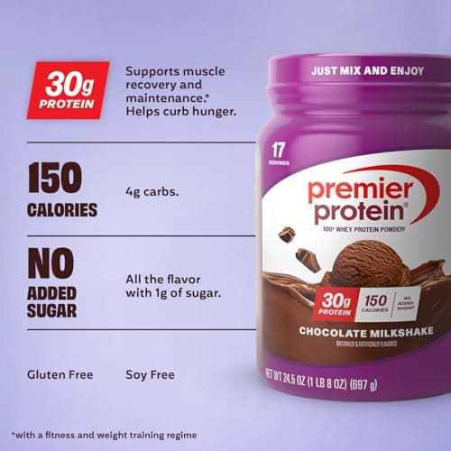Premier Protein Powder, Chocolate Milkshake, 30g Protein, No Added Sugar, 100% Whey Protein, Keto Friendly, Soy & Gluten Free, 24.5 oz (17 Servings)