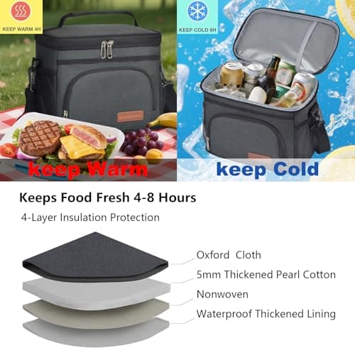 ExtraCharm Insulated Lunch Bag for Women/Men - Reusable Lunch Box for Office Picnic Hiking Beach - Leakproof Cooler Tote Bag Organizer with Adjustable Shoulder Strap for Adults - Black