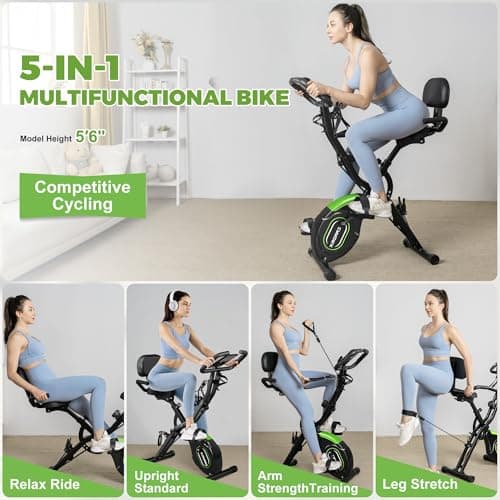 Caromix Folding Exercise Bike, 5 in 1 Stationary Magnetic Cycling Bicycle Upright Indoor Cycling Bike for Home Workout 330LB Capacity (Dark Black)