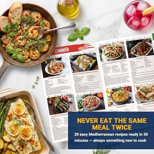 HAMIEW Mediterranean Diet Chart for Beginners & Seniors — Cookbook Guide Helps You Simplify Healthy Eating for Diabetes, Heart Health, Weight Loss | 3 Laminated With Food List, Meal Plan, 28+ Recipes