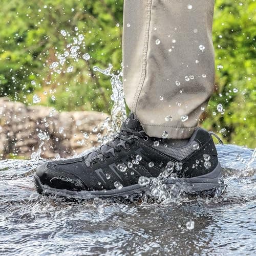 OL OUTJET LEGEND Men's Waterproof Hiking Shoes Leather Comfortable Lightweight Anti-Slip Outdoor Walking Work Sneakers Black