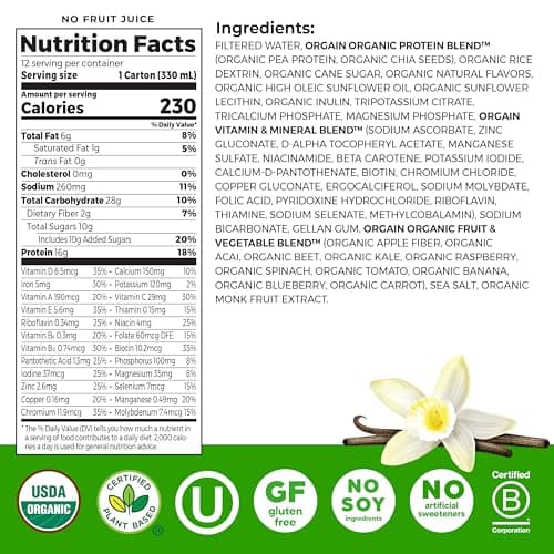 Orgain Organic Nutritional Vegan Protein Shake, Vanilla Bean - 16g Plant Based Protein, Meal Replacement, 21 Vitamins & Minerals, Fruits & Vegetables, Gluten Free, Non-GMO, 11 Fl Oz (Pack of 12)