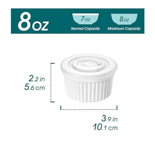 vancasso 8 oz Ramekins with Lid, Porcelain Creme Brulee Souffle Dishes, White Pudding Custard Cups Ramiken for Baking, Dishwasher and Oven Safe, Set of 6