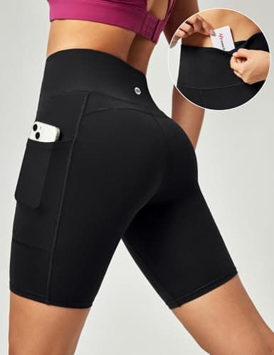 Ewedoos Biker Shorts Women Tummy Control Workout Shorts with 3 Pockets High Waisted Compression Gym Running Yoga Shorts Women Black