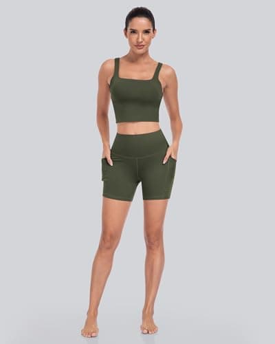 CHRLEISURE 6 Packs Womens Biker Shorts with Pocket, 5 Inch High Waisted Tummy Control Spandex Yoga Workout Shorts (BlackGreyNavyWineJGreenBrown-L)