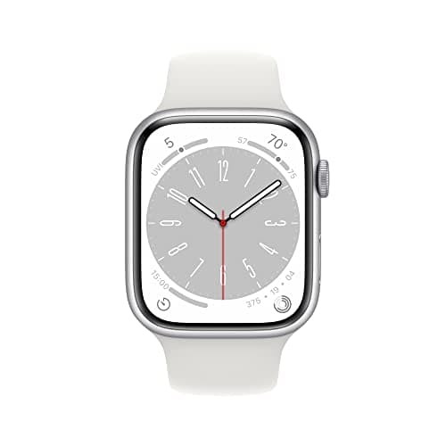 Apple Watch Series 8 (GPS, 45MM) Silver Aluminum Case with White Sport Band, M/L (Renewed Premium)
