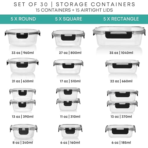 Razab 30 PC Glass Food Storage Containers with Lids - Reusable Glass Meal Prep Containers for Lunch and Leftovers - Airtight & Leakproof Snap Locking Lids - Oven, Freezer, Microwave, Dishwasher Safe