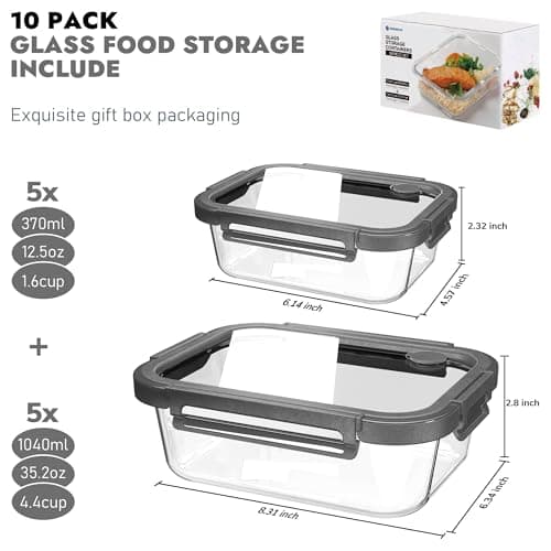 BOROHOUSE 10-Pack Glass Food Storage Containers with Tempered Lids – Borosilicate, Airtight, Oven-Safe (-4°F~950°F), BPA-Free, 4.4 & 1.6 Cup, Leak-Proof, Dishwasher Safe (Gray)