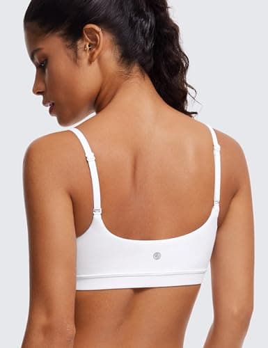 CRZ YOGA Butterluxe Adjustable Spaghetti Strap Sports Bras for Women - Scoop Neck Wireless Padded Yoga Workout Crop Top White Medium