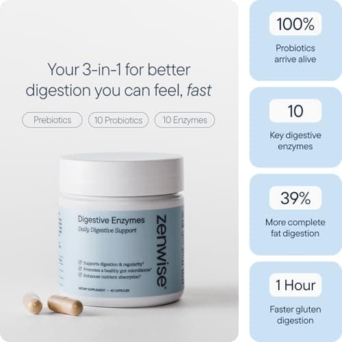 Zenwise Health Digestive Enzymes with Bromelain & Papaya - Multi Enzymes Digestion Supplement with Probiotics & Prebiotics for Gut Health, Gas & Bloating Relief - Men & Women - 60 Vegetarian Capsules