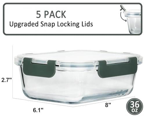 M MCIRCO [5-Packs, 36 Oz Glass Meal Prep Containers with Snap Locking Lids Glass Food Containers,Airtight Lunch Container,Microwave, Oven, Freezer and Dishwasher (4.5 Cup)