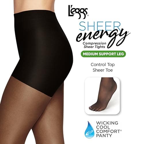 L'eggs Sheer Energy Medium Support Women's Compression Tights, Control Top, Sheer Toe, Suntan, Size Q+ (Pack of 3)