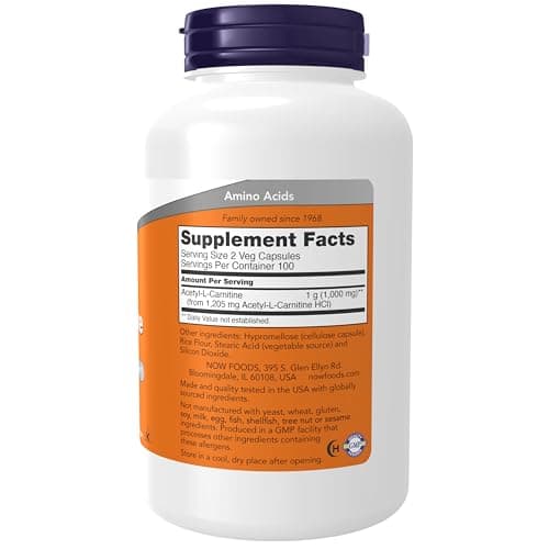 NOW Foods Supplements, Acetyl-L Carnitine 500 mg, Amino Acid, Brain And Nerve Cell Function*, 200 Veg Capsules