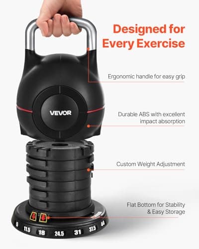 VEVOR Kettlebell, Adjustable Kettlebell with 7 Weight Levels (5, 11.5, 18, 24.5, 31, 37.5, 44 lbs), Die-Cast Aluminum and ABS Material, for Grip Strength Training, Full-body Workout & Cross-Training
