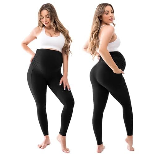Walifrey Women's Maternity Leggings with Pockets Over The Belly,Pregnancy Yoga Pants Activewear Workout Leggings Black L