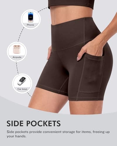 CHRLEISURE 6 Packs Womens Biker Shorts with Pocket, 5 Inch High Waisted Tummy Control Spandex Yoga Workout Shorts (BlackGreyNavyWineJGreenBrown-L)