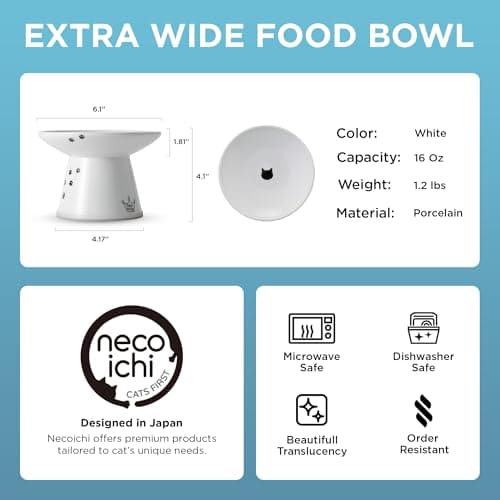 Necoichi Raised Cat Food Bowl – Ceramic Elevated Cat Bowl for Whisker & Neck Fatigue, Dishwasher Microwave Safe – Non-Slip & Anti Vomiting Ergonomic Design (Cats, Extra Wide, 2-Cups Capacity)