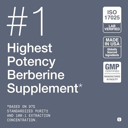 Toniiq Ultra High Strength Berberine HCl from The Himalayas - 100:1 Concentrated Extract - Lab-Tested 97% Berberine HCl - 90 Vegetarian Capsules, 500 mg per Capsule