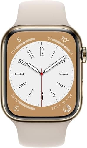 Apple Watch Series 8 (GPS + Cellular, 45mm) - Gold Stainless Steel Case with Starlight Sport Band (Renewed)