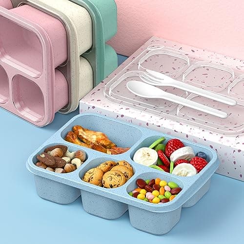 Bento Box Adult Lunch Box - 4 Pack, 5 - Compartment Meal Prep Container for Kids, Reusable Food Storage Snack Containers - Stackable for School, Work, and Travel (Wheat(Green/Blue/Pink/Beige))
